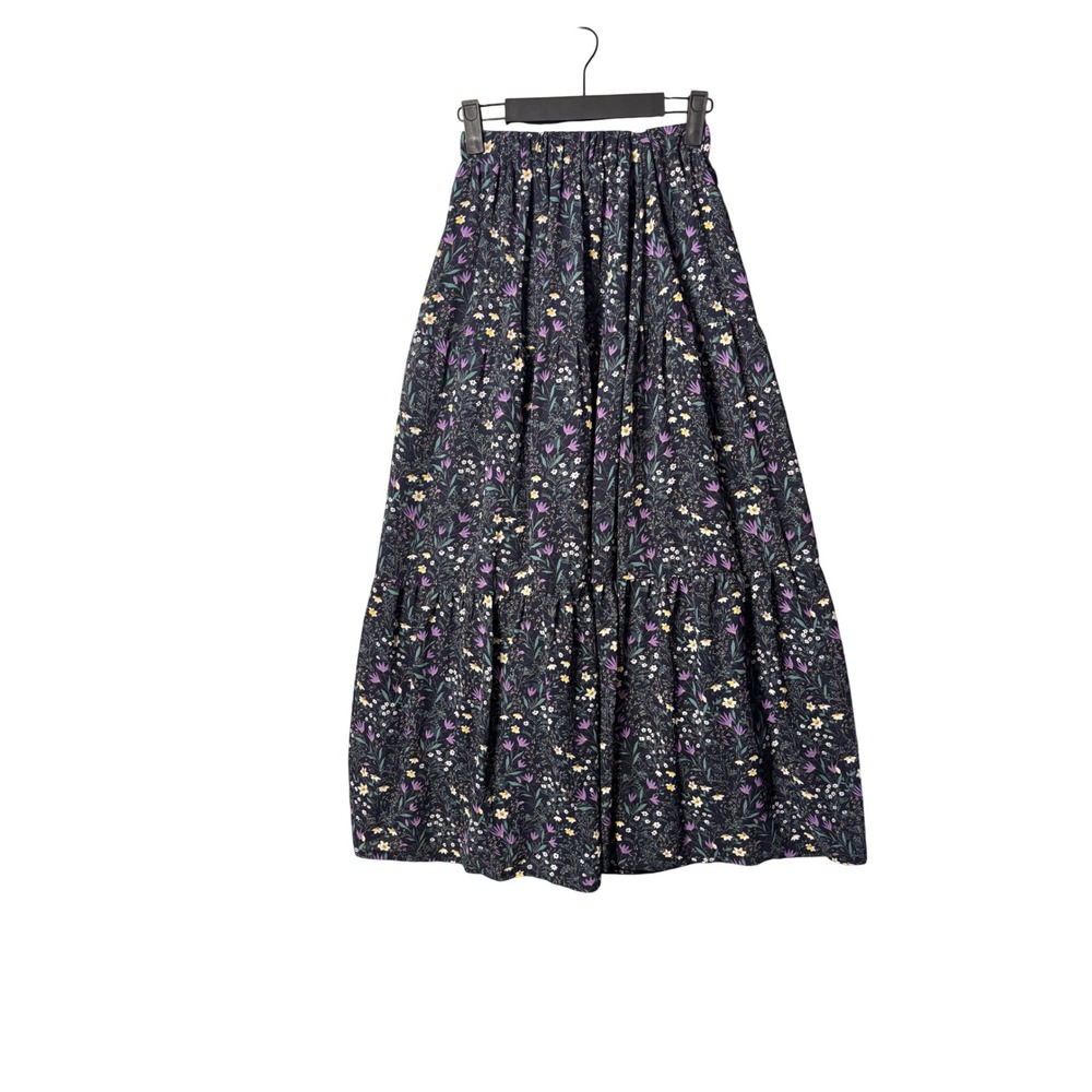 Dark Romantic Maxi Skirt XS Black Purple Floral Tiered Elastic Waist Cottagecore